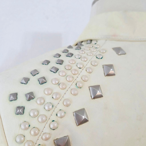 Double D Ranch studded ivory leather biker jacket distressed western size medium - Picture 9 of 12